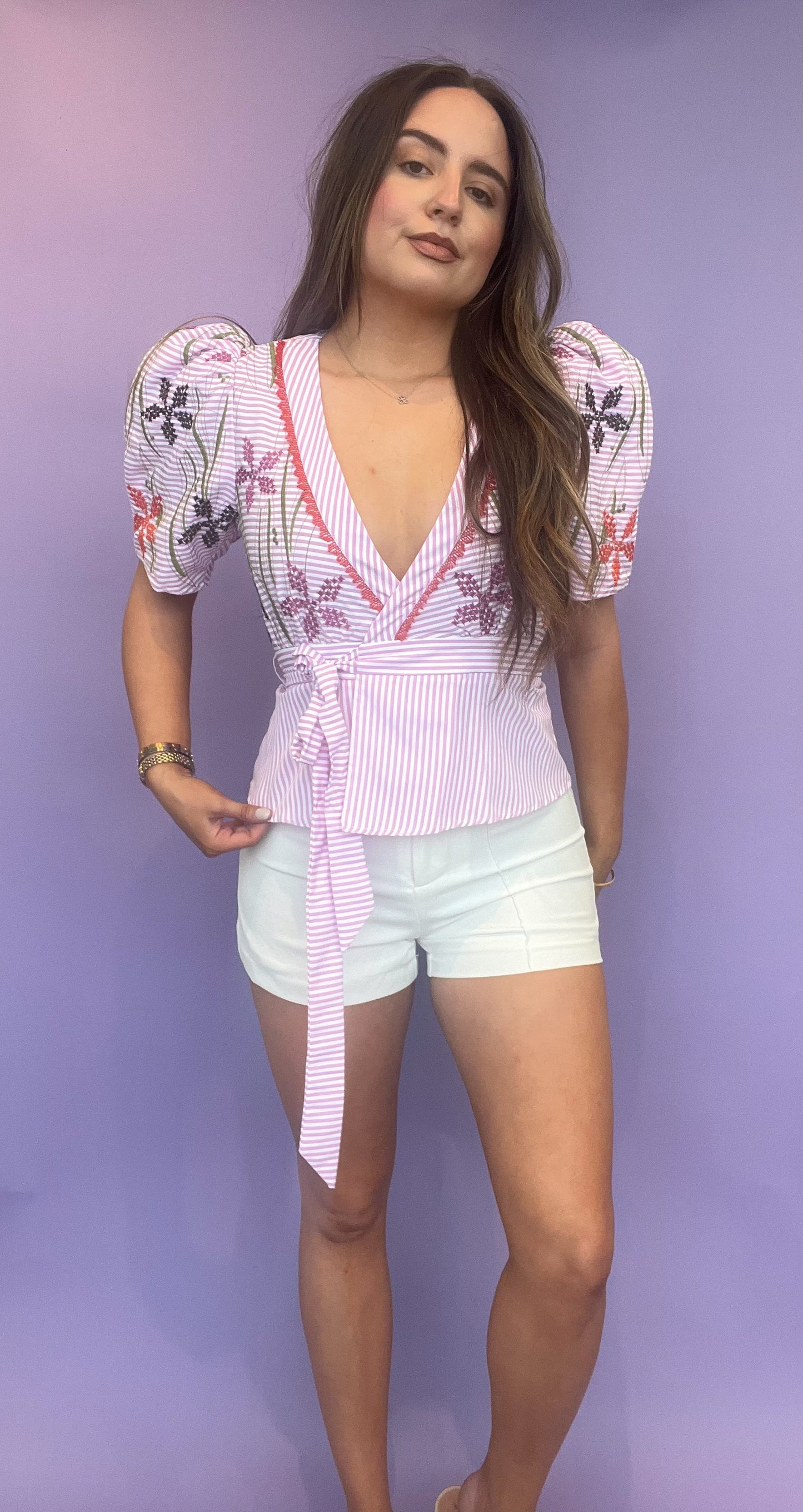 Striped Floral Embroidery Wrap Top